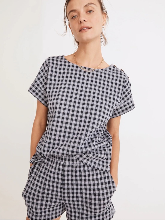 Madewell Tops - Madewell Gingham Knit Seersucker Button-Shoulder Top in Faded Lavender